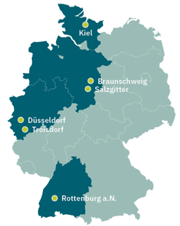 Map of Germany with - Kiel Braunschweig - Salzgitter - Düsseldorf - Toisdprf - Rottenburg a.N.