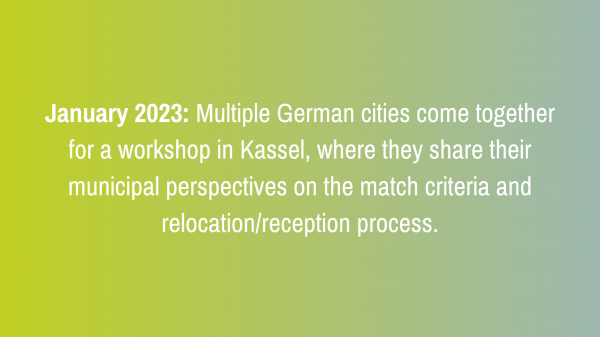 January 2023: Multiple German cities come together for a workshop in Kassel, where they share their municipal perspectives on the match criteria and relocation/reception process.