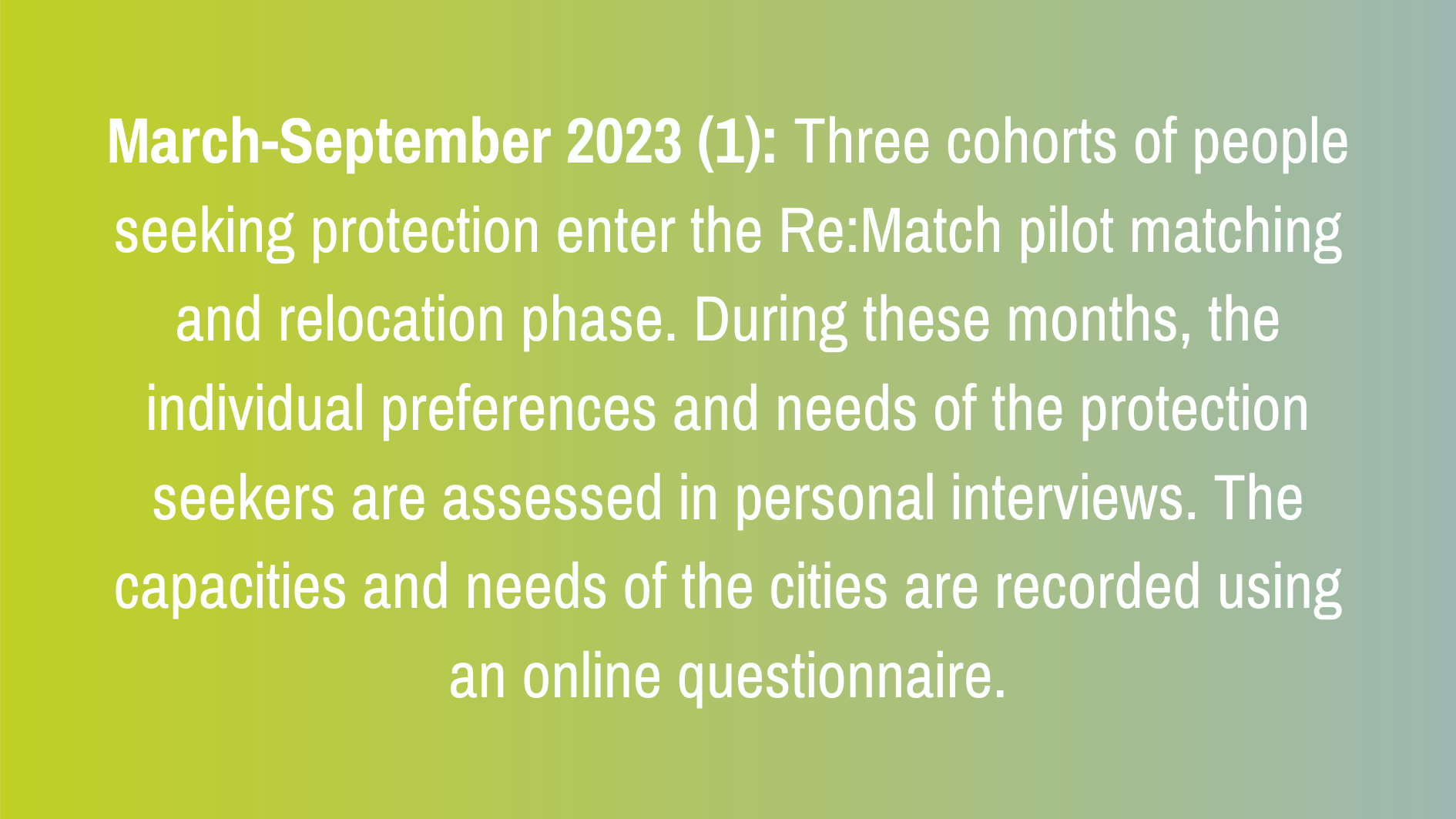 March-September 2023 (1): Three cohorts of people seeking protection enter the Re:Match pilot matching and relocation phase. During these months, the individual preferences and needs of the protection seekers are assessed in personal interviews. The capacities and needs of the cities are recorded using an online questionnaire.